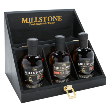 Wooden Gift Box with Trio Millstone 200ml (OL, PPX, RYE100) Zuidam Distillers